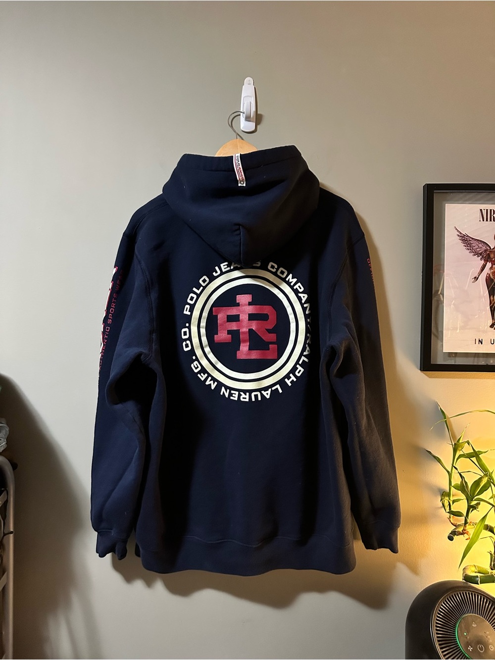 Vintage Men’s Polo Ralph Lauren Navy Hoodie with Red Logo